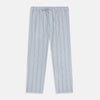 View 1 of product Turnbull & Asser Blue and Green Multi Track Stripe Pyjama Trousers feature a drawstring waistband and vertical blue, green, and white stripes, shown against a plain white background.