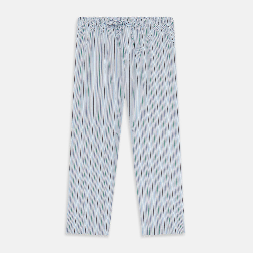 Turnbull & Asser Blue and Green Multi Track Stripe Pyjama Trousers feature a drawstring waistband and vertical blue, green, and white stripes, shown against a plain white background.