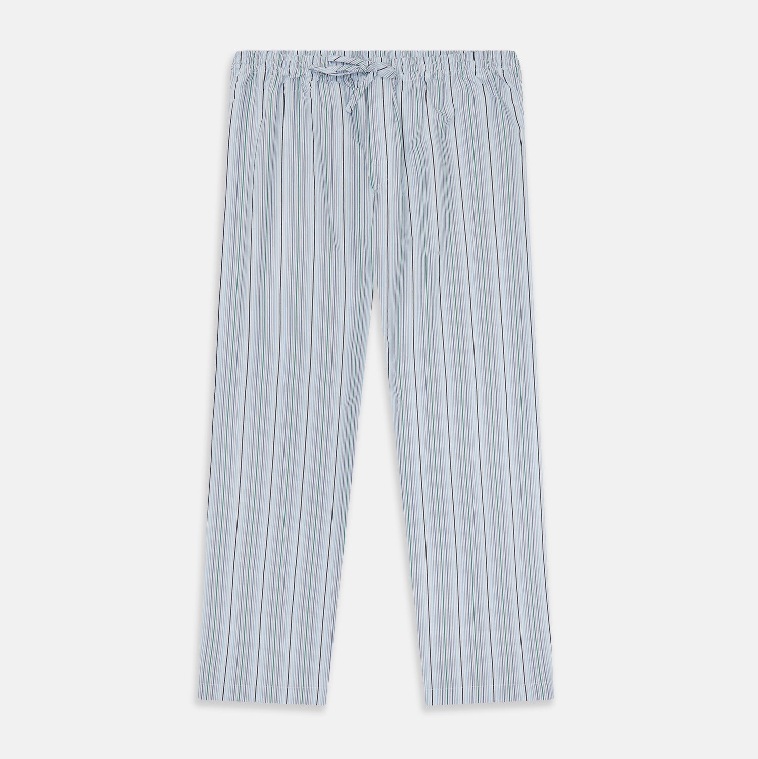 View 1 of product Turnbull & Asser Blue and Green Multi Track Stripe Pyjama Trousers feature a drawstring waistband and vertical blue, green, and white stripes, shown against a plain white background.