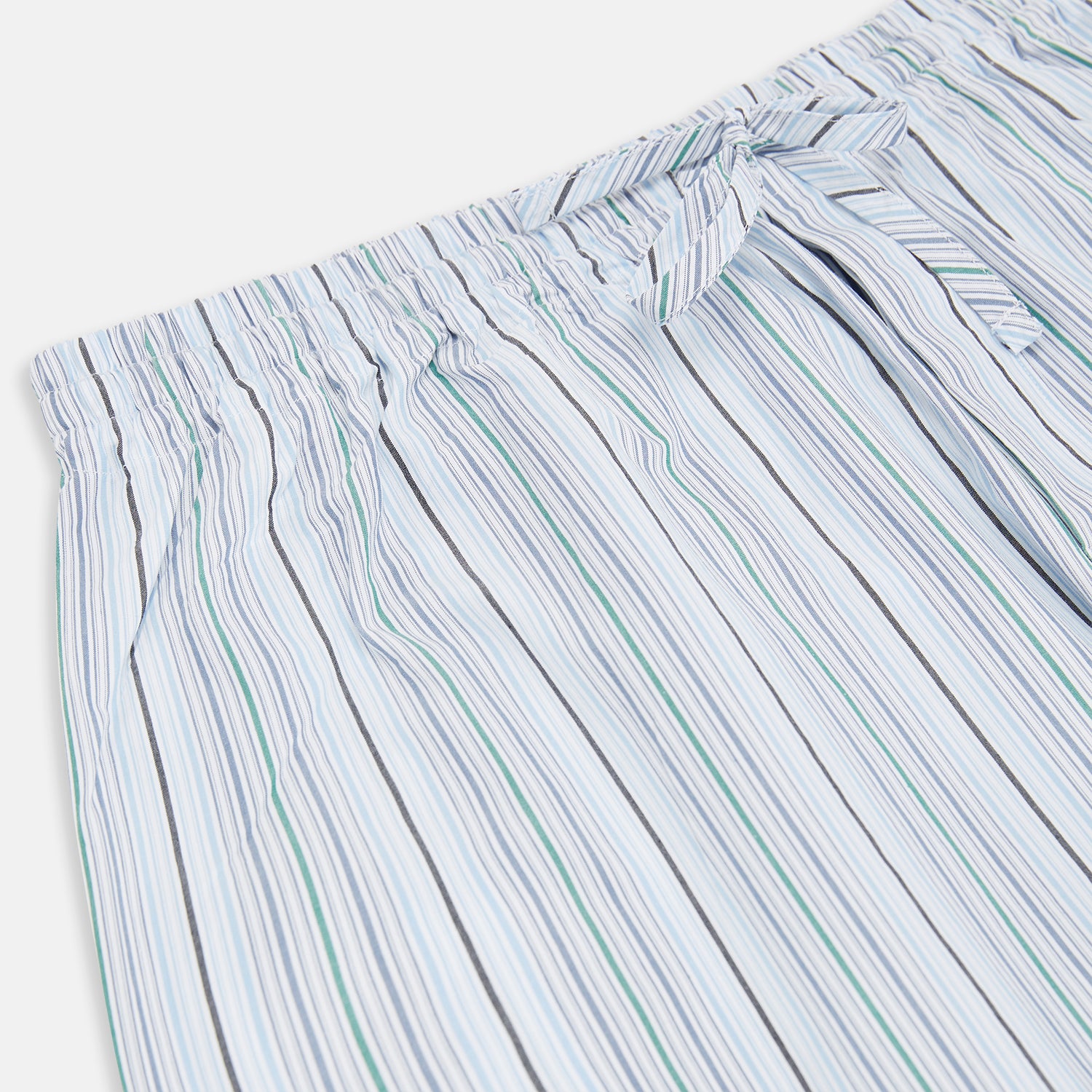 View 2 of product Turnbull & Asser Blue and Green Multi Track Stripe Pyjama Trousers feature a drawstring waistband and vertical blue, green, and white stripes, shown against a plain white background.