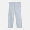 View 3 of product Turnbull & Asser Blue and Green Multi Track Stripe Pyjama Trousers feature a drawstring waistband and vertical blue, green, and white stripes, shown against a plain white background.
