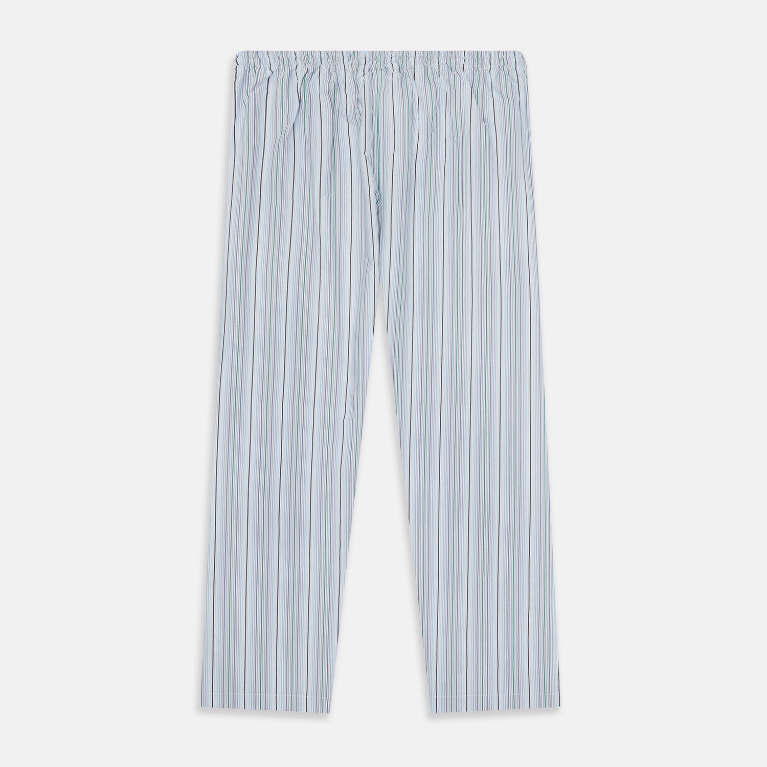View 3 of product Turnbull & Asser Blue and Green Multi Track Stripe Pyjama Trousers feature a drawstring waistband and vertical blue, green, and white stripes, shown against a plain white background.