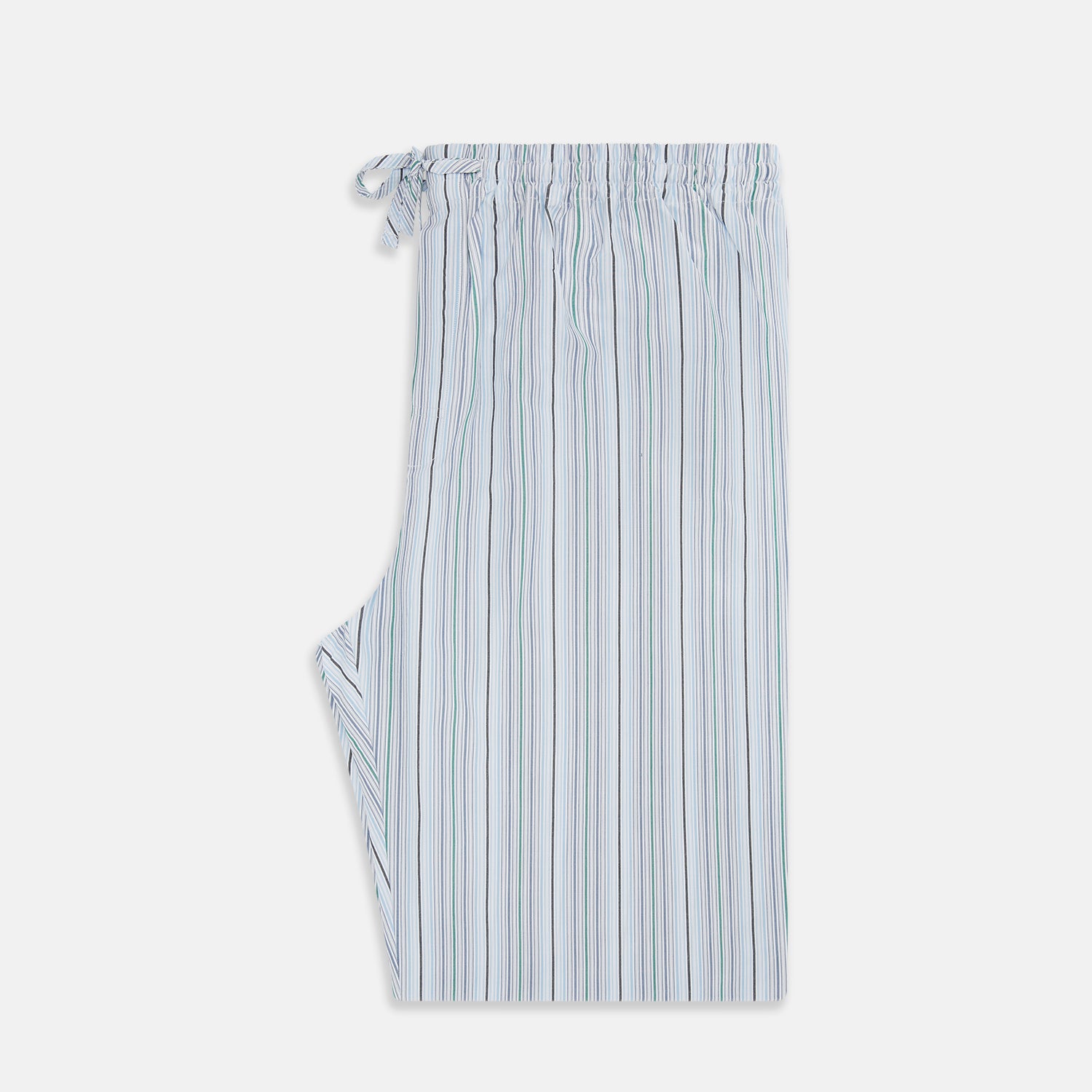 View 4 of product Turnbull & Asser Blue and Green Multi Track Stripe Pyjama Trousers feature a drawstring waistband and vertical blue, green, and white stripes, shown against a plain white background.