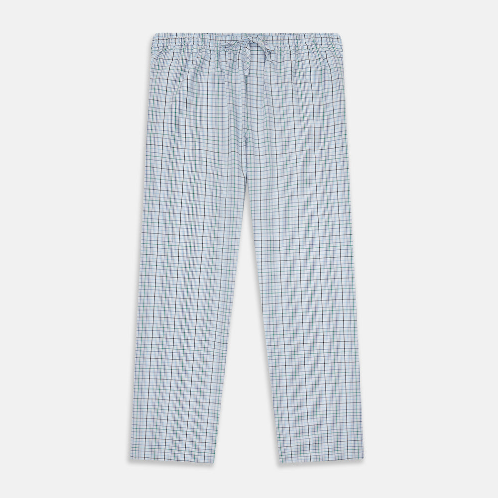 Turnbull & Asser’s Blue and Green Multi Track Check Pyjama Trousers feature an elastic waistband with drawstring and a blue-green check pattern on a white background, shown laid flat on a white surface.
