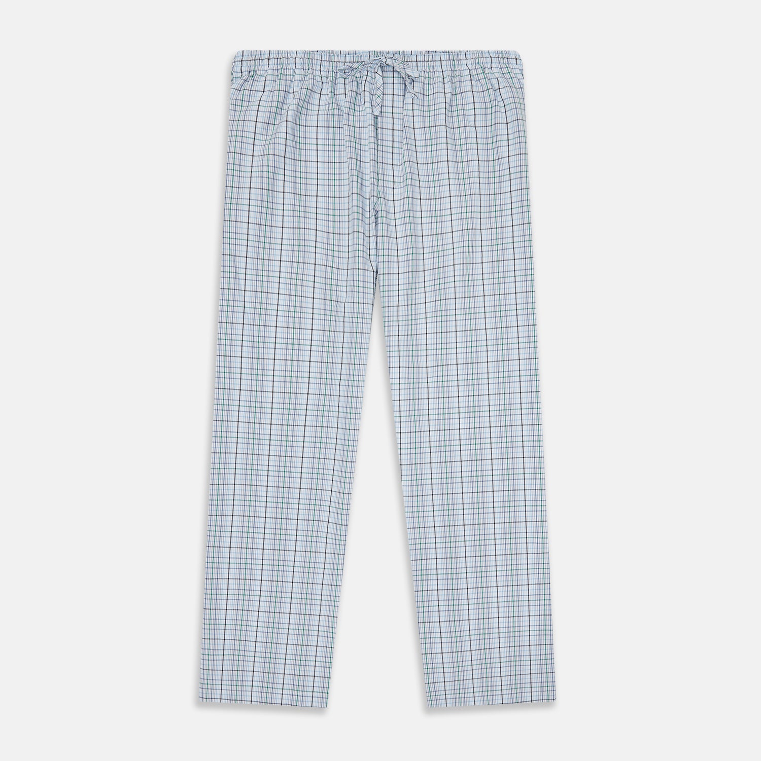 View 1 of product Turnbull & Asser’s Blue and Green Multi Track Check Pyjama Trousers feature an elastic waistband with drawstring and a blue-green check pattern on a white background, shown laid flat on a white surface.