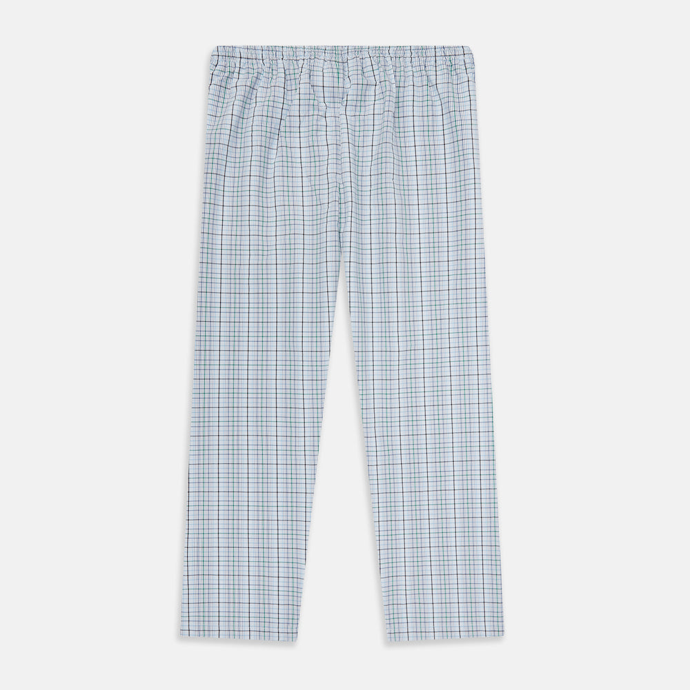 Turnbull & Asser’s Blue and Green Multi Track Check Pyjama Trousers feature an elastic waistband with drawstring and a blue-green check pattern on a white background, shown laid flat on a white surface.