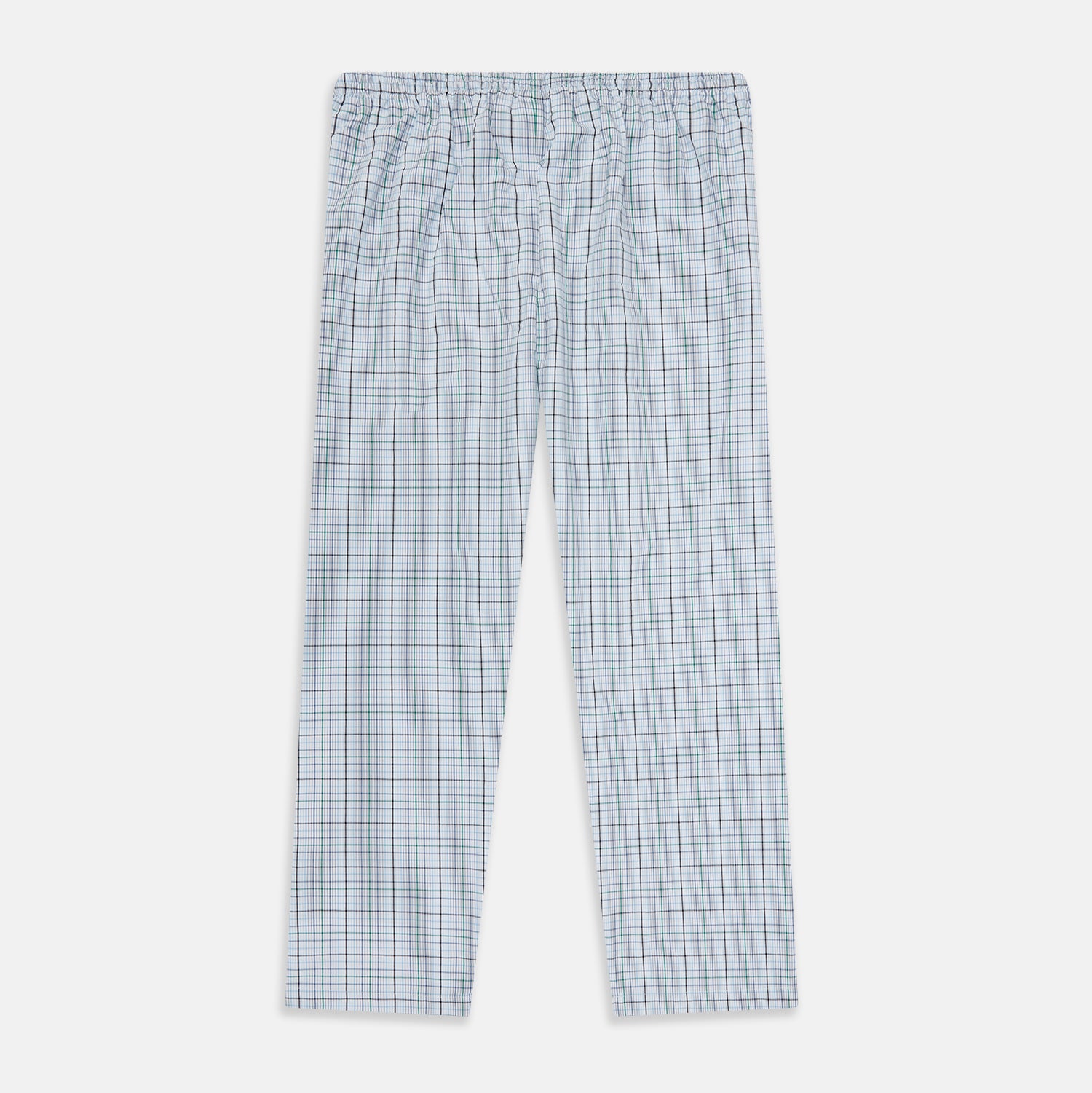 View 3 of product Turnbull & Asser’s Blue and Green Multi Track Check Pyjama Trousers feature an elastic waistband with drawstring and a blue-green check pattern on a white background, shown laid flat on a white surface.