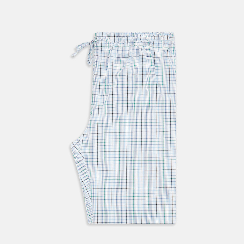 Turnbull & Asser’s Blue and Green Multi Track Check Pyjama Trousers feature an elastic waistband with drawstring and a blue-green check pattern on a white background, shown laid flat on a white surface.