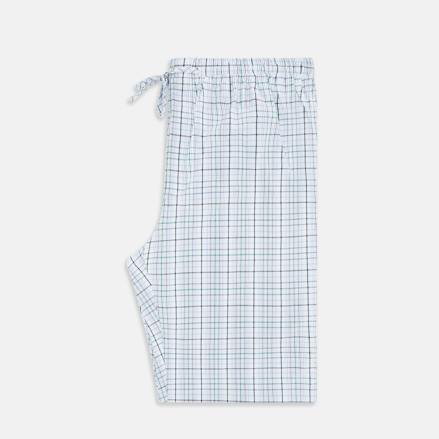 View 4 of product Turnbull & Asser’s Blue and Green Multi Track Check Pyjama Trousers feature an elastic waistband with drawstring and a blue-green check pattern on a white background, shown laid flat on a white surface.