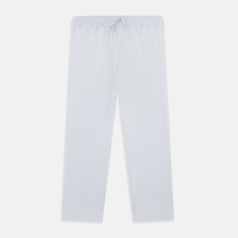 Turnbull & Asser Blue Multi Pinstripe Pyjama Trousers in light blue and white cotton with blue pinstripes, elastic waistband, and drawstring, shown laid flat on a white background.