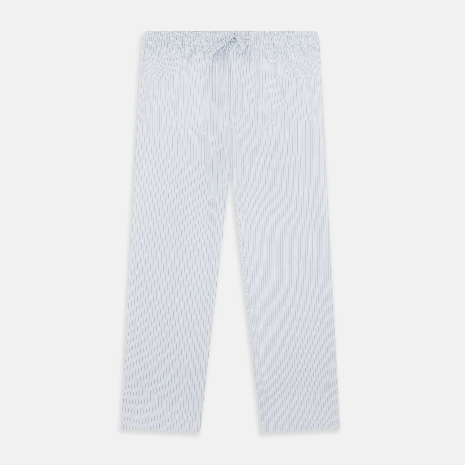 View 1 of product Turnbull & Asser Blue Multi Pinstripe Pyjama Trousers in light blue and white cotton with blue pinstripes, elastic waistband, and drawstring, shown laid flat on a white background.
