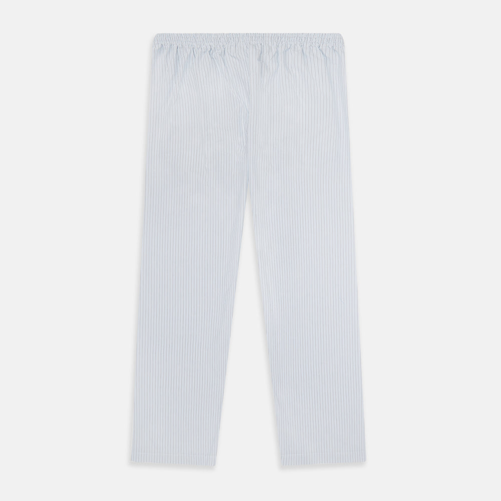 Turnbull & Asser Blue Multi Pinstripe Pyjama Trousers in light blue and white cotton with blue pinstripes, elastic waistband, and drawstring, shown laid flat on a white background.