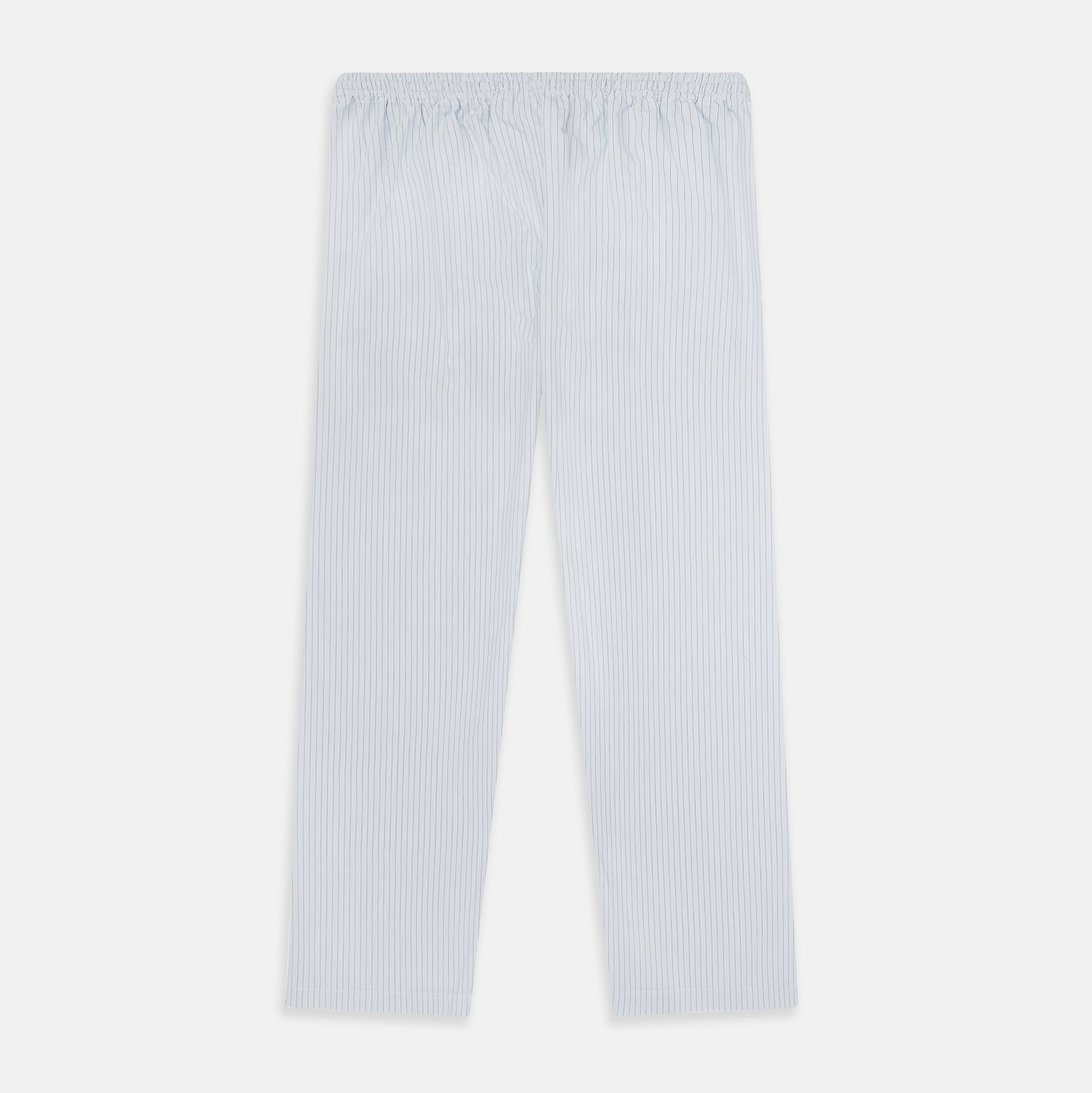 View 3 of product Turnbull & Asser Blue Multi Pinstripe Pyjama Trousers in light blue and white cotton with blue pinstripes, elastic waistband, and drawstring, shown laid flat on a white background.