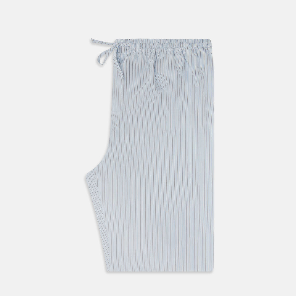 Turnbull & Asser Blue Multi Pinstripe Pyjama Trousers in light blue and white cotton with blue pinstripes, elastic waistband, and drawstring, shown laid flat on a white background.
