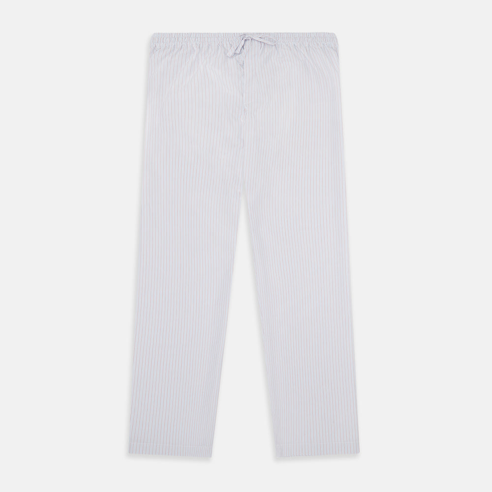Turnbull & Asser's Red Multi Pinstripe Pyjama Trousers feature vibrant stripes and a comfy elastic waistband with drawstring—ideal for stylish, comfortable sleepwear. Laid flat on a white background.