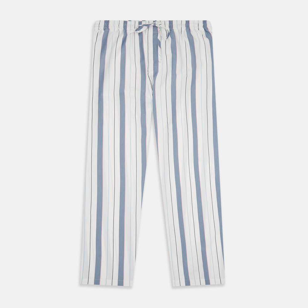The Turnbull & Asser Blue Blazer Stripe Pyjama Trousers feature blue, white, and light brown vertical stripes and a drawstring waistband, shown laid flat on a white background.