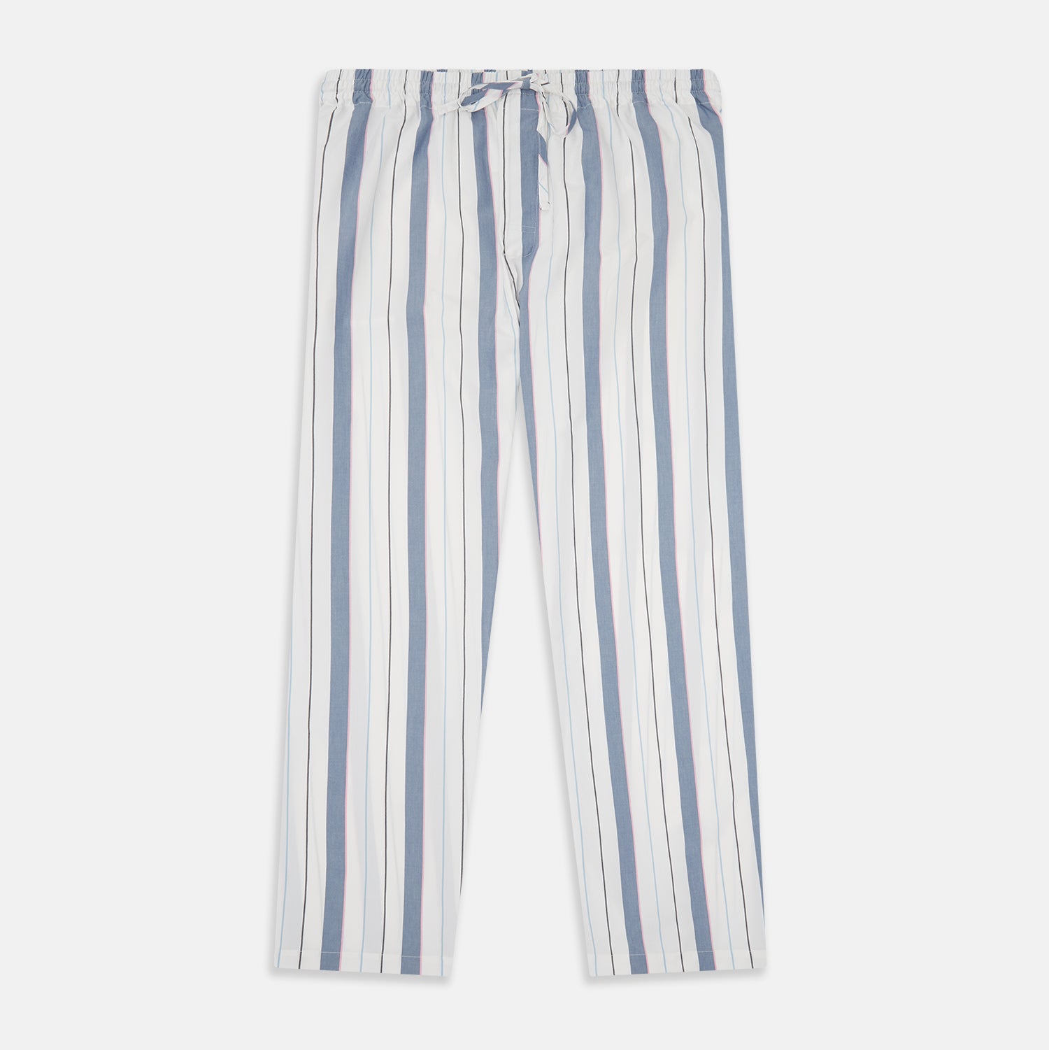 View 1 of product The Turnbull & Asser Blue Blazer Stripe Pyjama Trousers feature blue, white, and light brown vertical stripes and a drawstring waistband, shown laid flat on a white background.