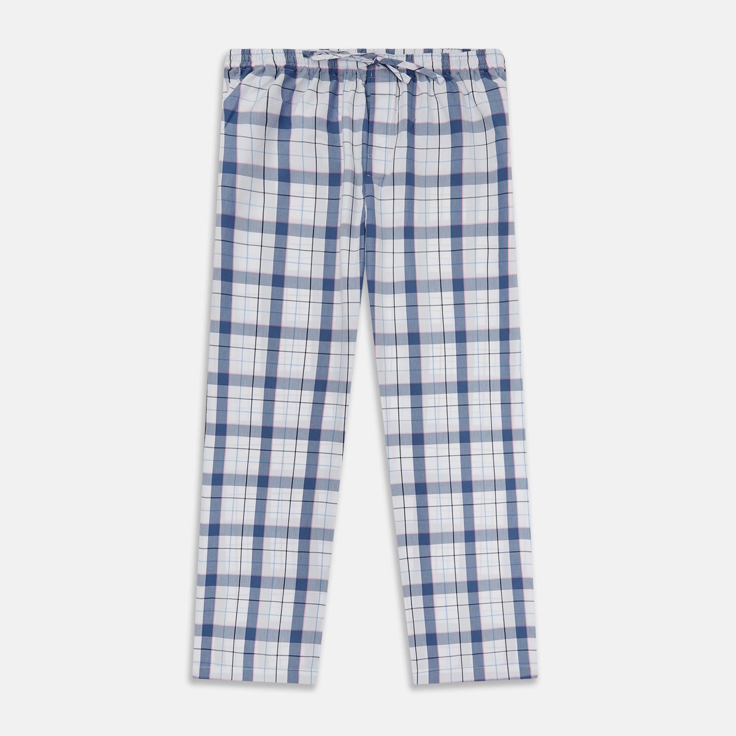 View 1 of product The Blue Blazer Check Pyjama Trousers by Turnbull & Asser feature a straight-leg fit, elastic waistband with drawstring, and white, blue, and gray plaid pattern. Comfortable with side pockets, they are shown laid flat against a white background.