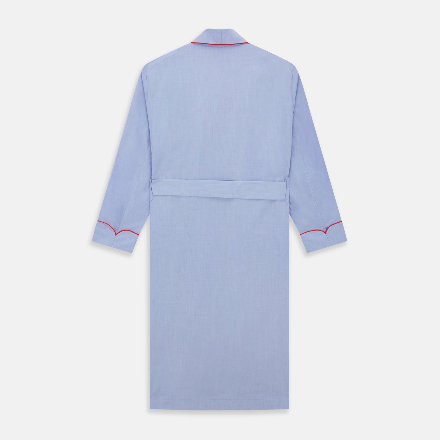 View 4 of product The Turnbull & Asser Light Blue Piped End-On-End Cotton Gown features a belted waist, three front pockets, and red piping on the collar, pockets, and cuffs—ideal for travel. Displayed against a white background.