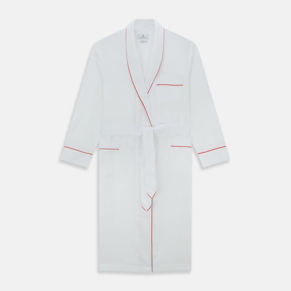 White Piped Herringbone Cotton Gown