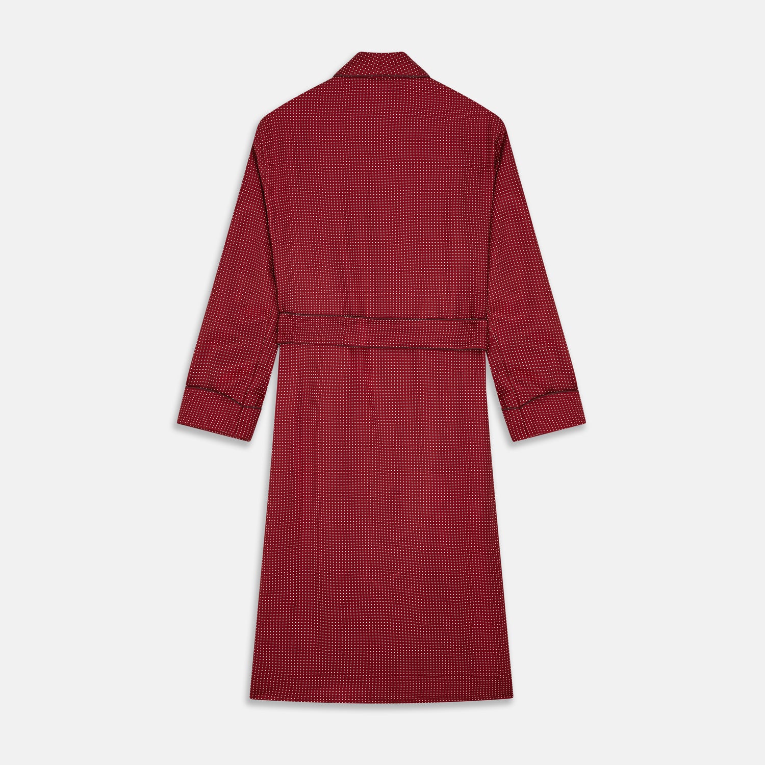 View 4 of product The Turnbull & Asser Burgundy Spot Silk Gown features a shawl collar, front pocket, and matching belt—ideal for relaxation—shown on a white background.