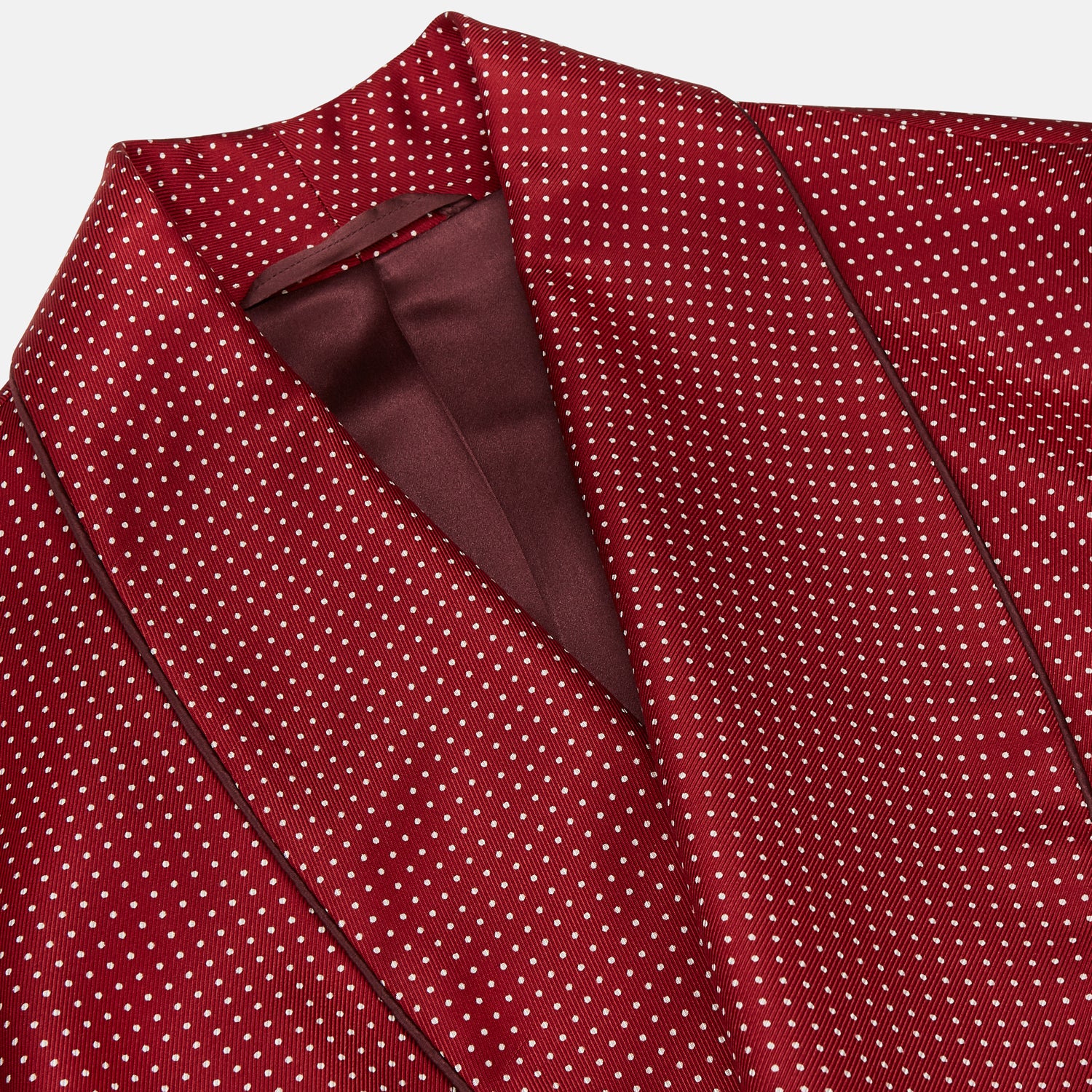 View 2 of product The Turnbull & Asser Burgundy Spot Silk Gown features a shawl collar, front pocket, and matching belt—ideal for relaxation—shown on a white background.