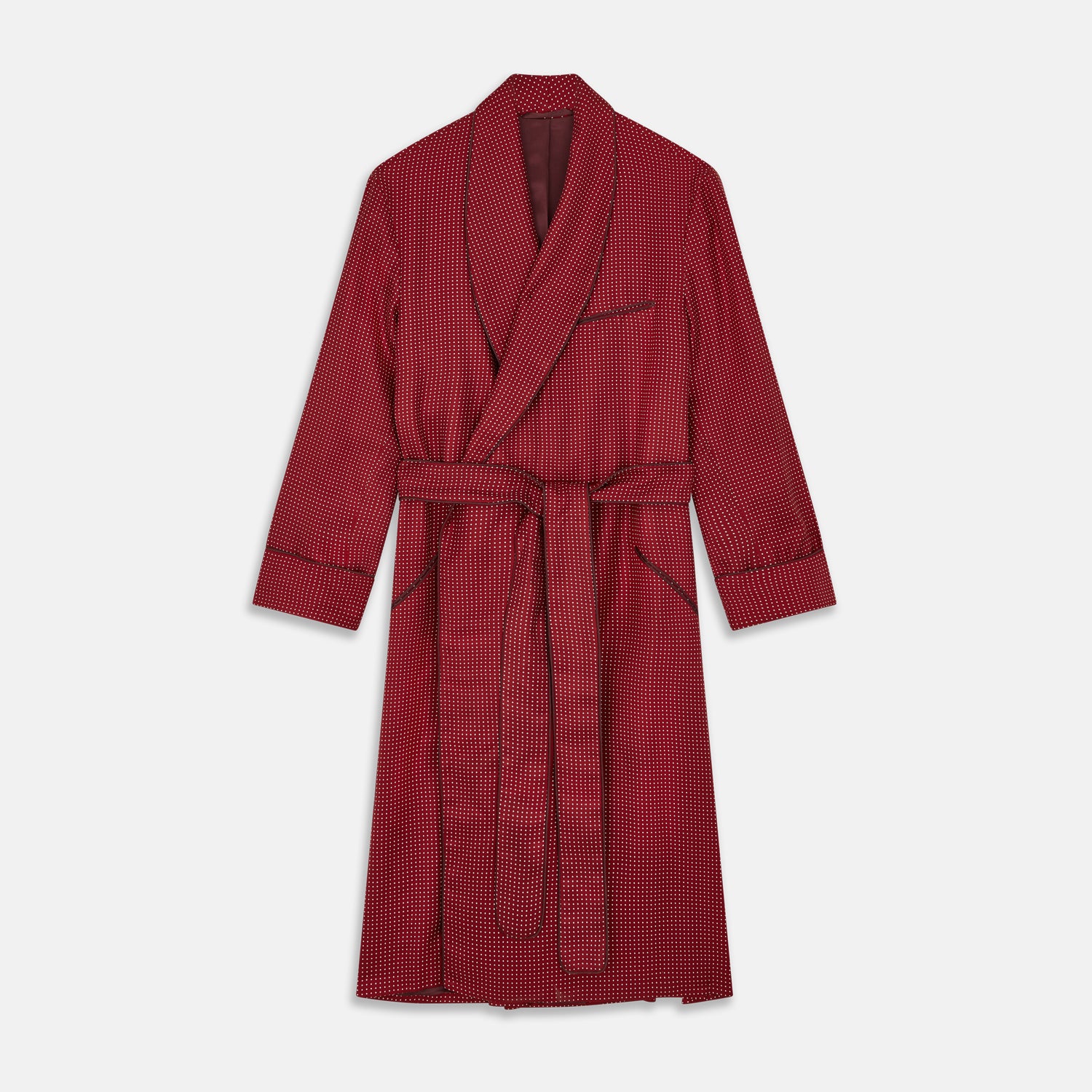 View 1 of product The Turnbull & Asser Burgundy Spot Silk Gown features a shawl collar, front pocket, and matching belt—ideal for relaxation—shown on a white background.