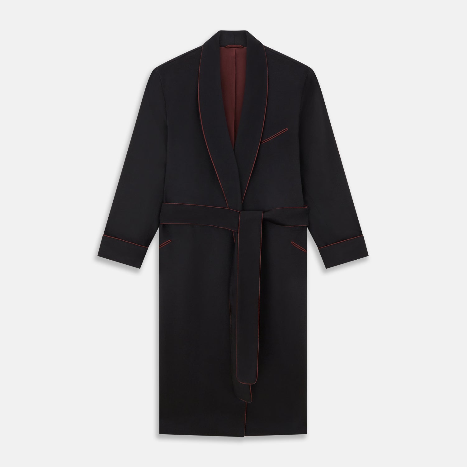 View 1 of product The Navy and Red Piped Cashmere Gown by Turnbull & Asser features a belted navy silhouette with red contrast piping, wide lapels, chest pocket, and two side pockets, shown on a plain white background.