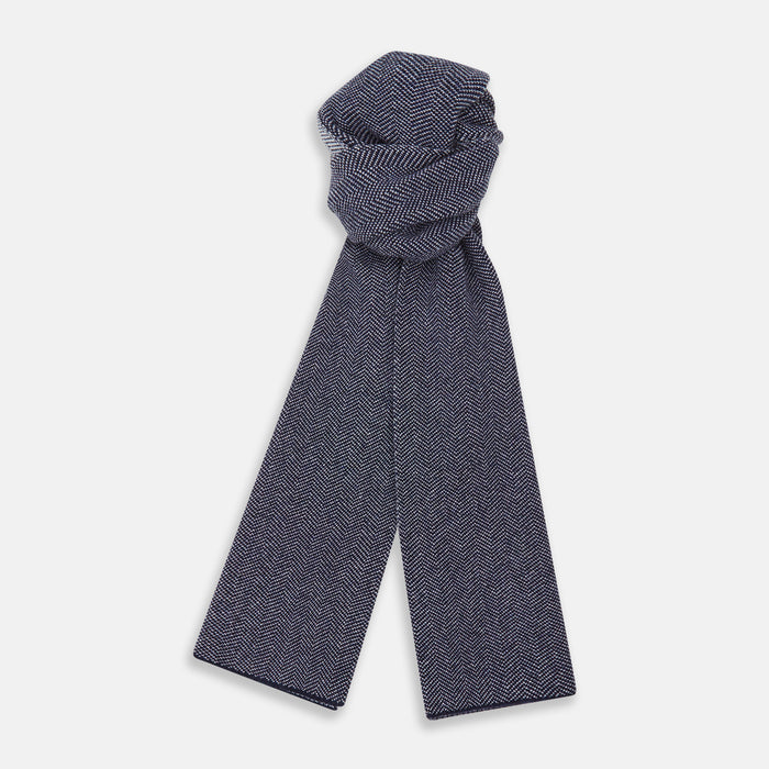 Reversible Navy and White Herringbone Cashmere Scarf
