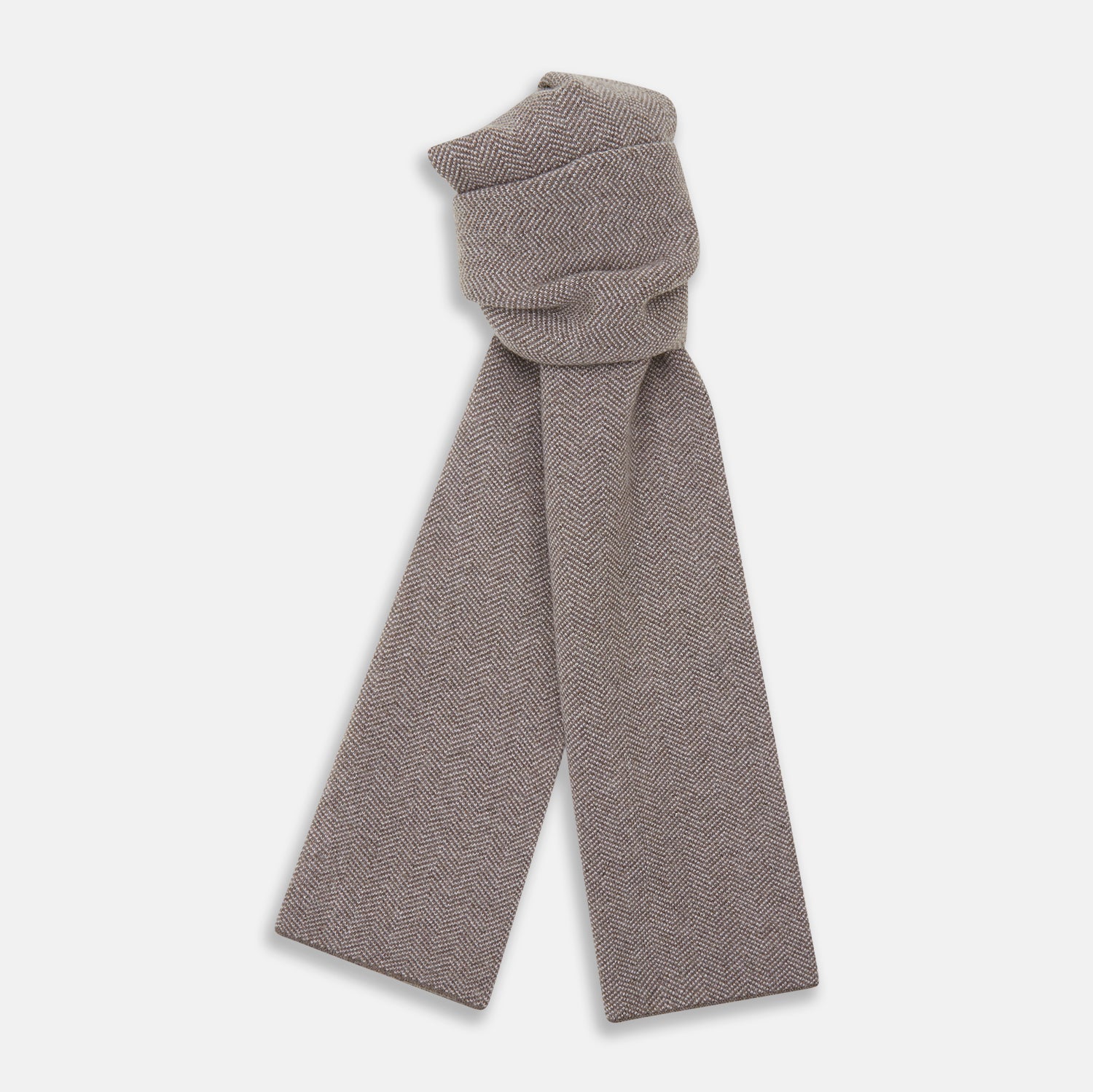 View 1 of product The Turnbull & Asser Reversible Grey Herringbone Cashmere Scarf is artfully folded and displayed on a plain white background.