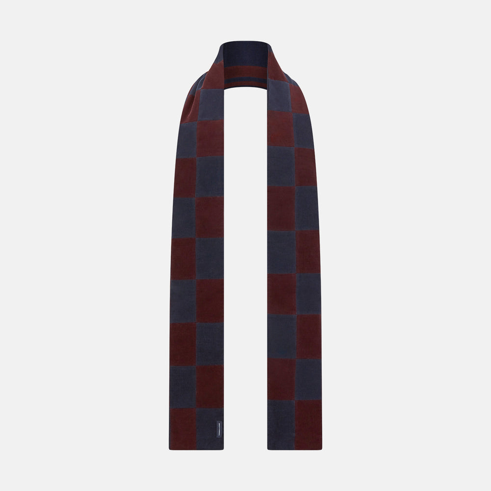 Turnbull & Asser Navy and Burgundy Striped & Checkered Double-Sided Corduroy Padded Scarf in a burgundy and navy blue checkerboard pattern for exceptional warmth.