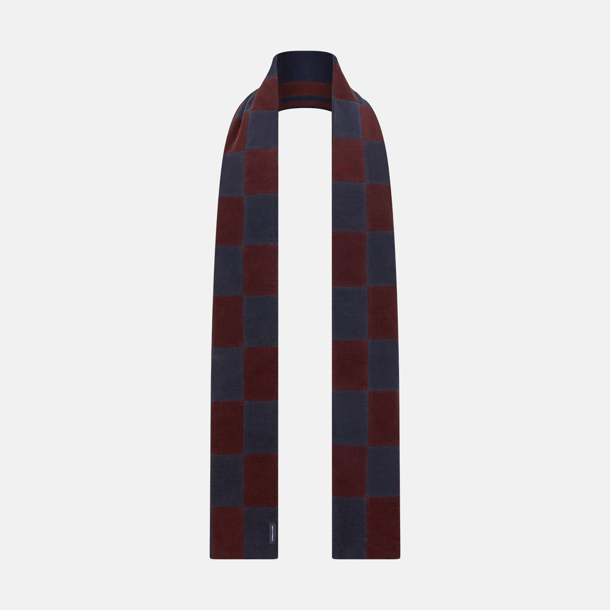View 1 of product Turnbull & Asser Navy and Burgundy Striped & Checkered Double-Sided Corduroy Padded Scarf in a burgundy and navy blue checkerboard pattern for exceptional warmth.