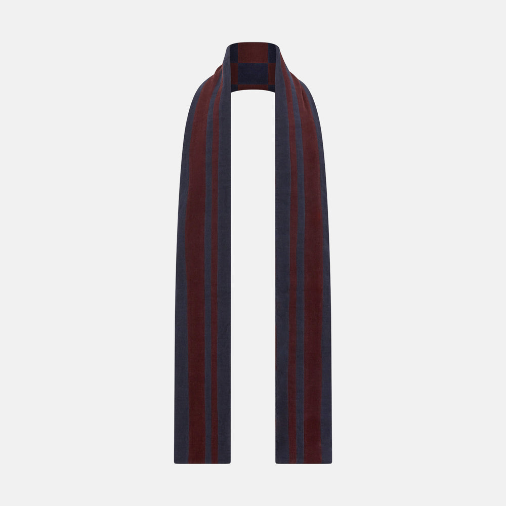Turnbull & Asser Navy and Burgundy Striped & Checkered Double-Sided Corduroy Padded Scarf in a burgundy and navy blue checkerboard pattern for exceptional warmth.