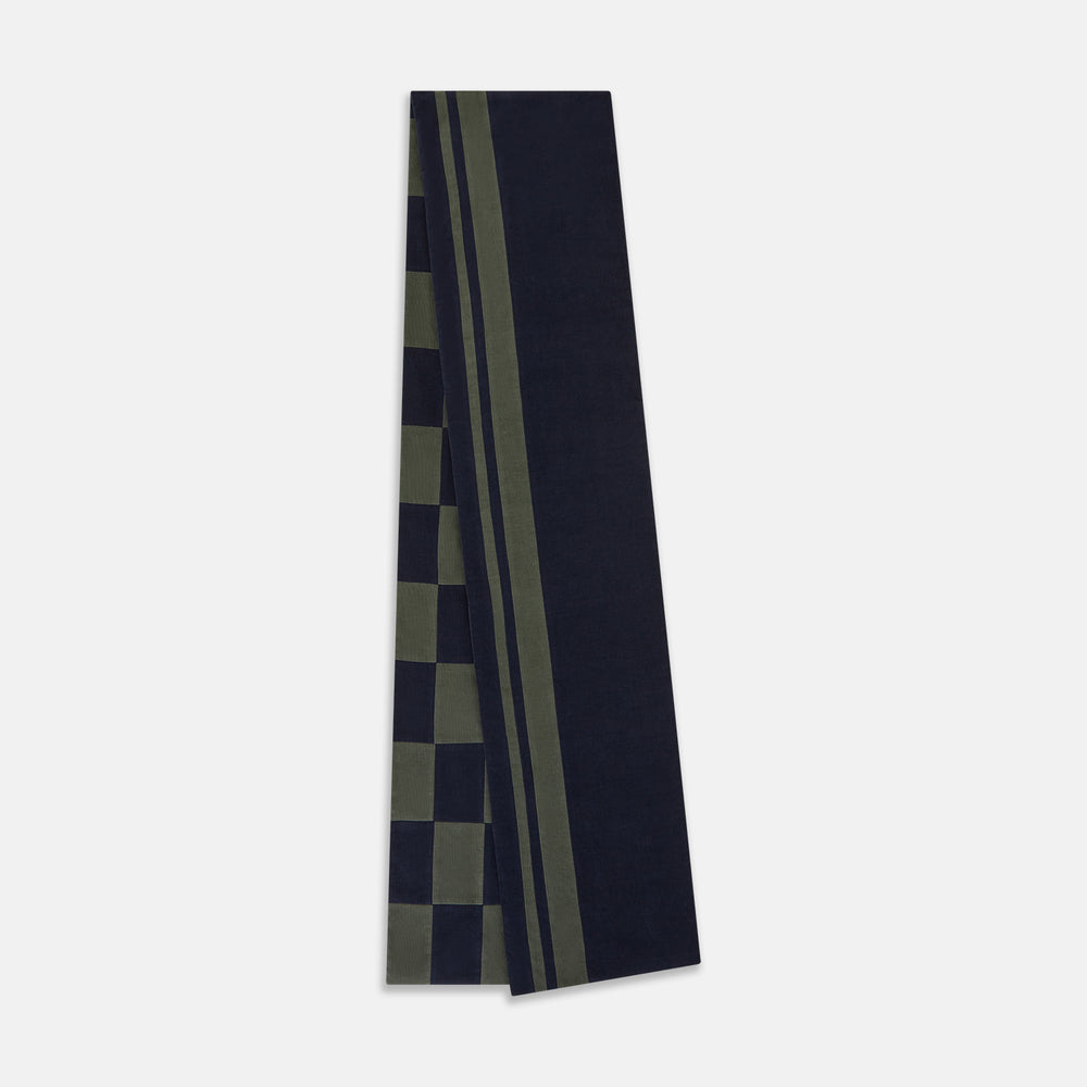 Navy and Olive Green Striped & Checkered Double-Sided Corduroy Padded Scarf OS