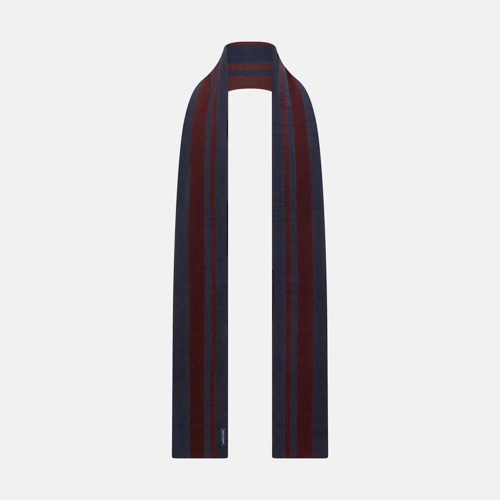 Turnbull & Asser Navy and Burgundy Striped Double-Sided Corduroy Padded Scarf featuring vertical stripes in navy and burgundy for exceptional warmth.