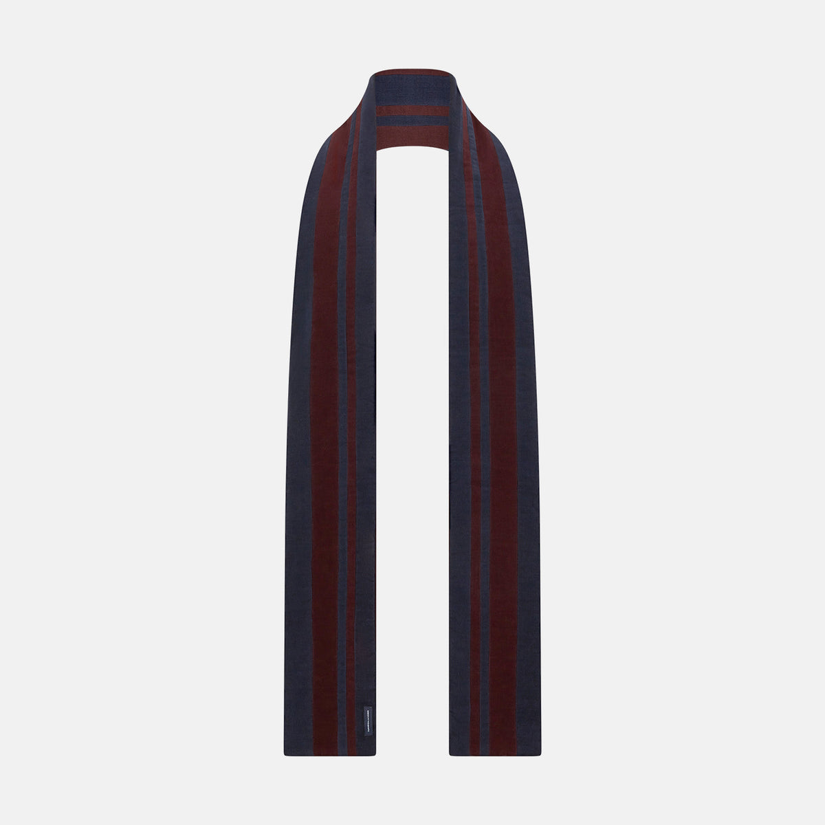 View 1 of product Turnbull & Asser Navy and Burgundy Striped Double-Sided Corduroy Padded Scarf featuring vertical stripes in navy and burgundy for exceptional warmth.
