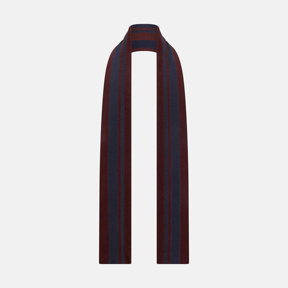 Turnbull & Asser Navy and Burgundy Striped Double-Sided Corduroy Padded Scarf featuring vertical stripes in navy and burgundy for exceptional warmth.