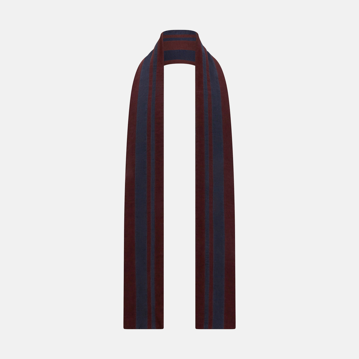 View 3 of product Turnbull & Asser Navy and Burgundy Striped Double-Sided Corduroy Padded Scarf featuring vertical stripes in navy and burgundy for exceptional warmth.