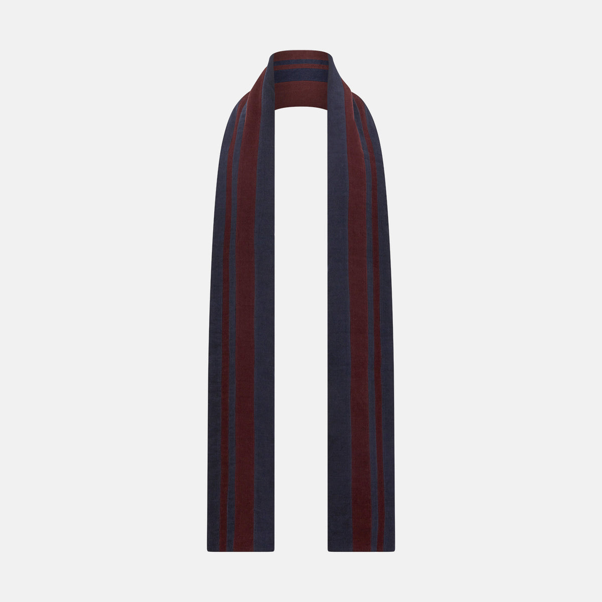 View 1 of product A Turnbull & Asser Navy and Burgundy Double-Stripe Double-Sided Corduroy Padded Scarf with vertical navy and burgundy stripes for exceptional warmth.