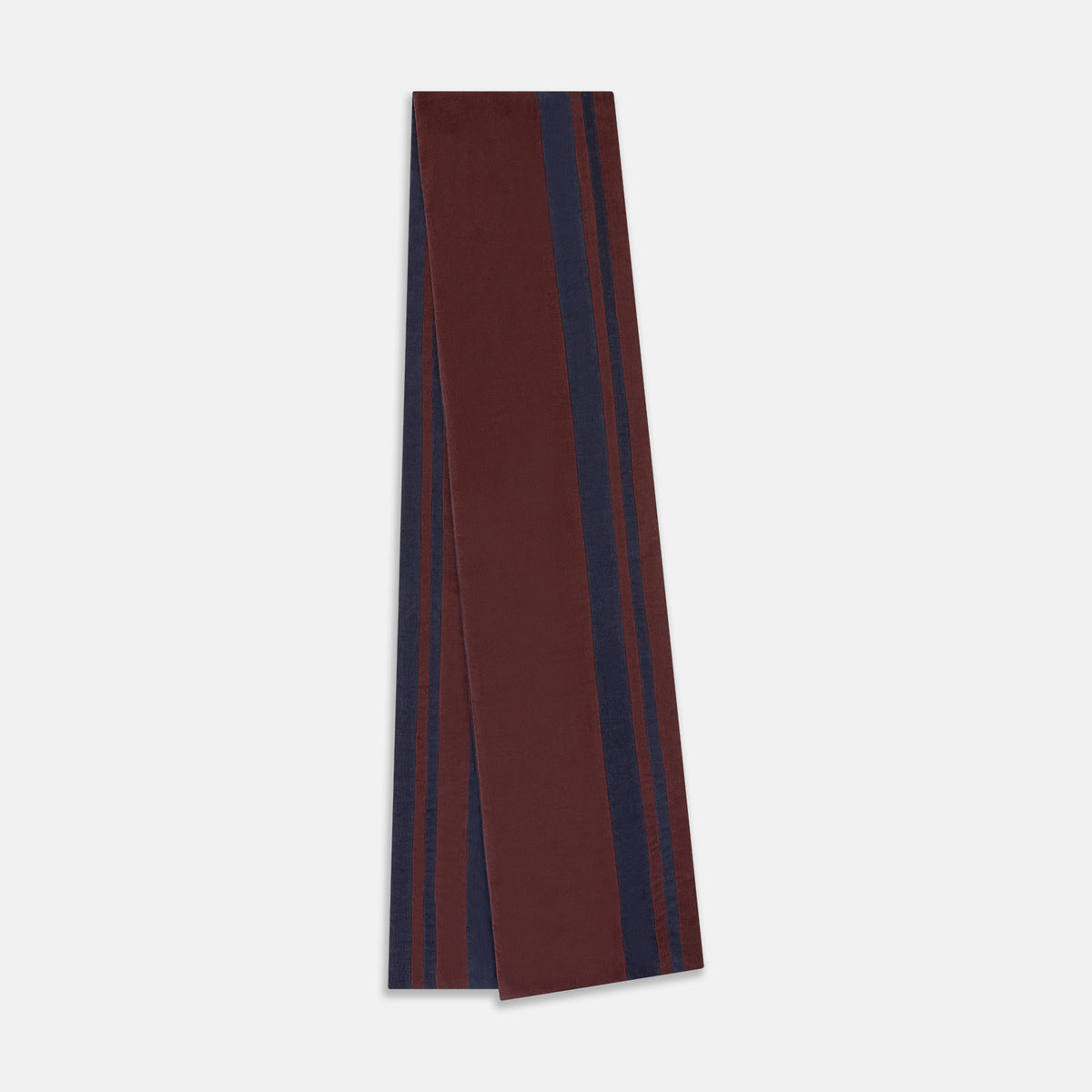 View 2 of product A Turnbull & Asser Navy and Burgundy Double-Stripe Double-Sided Corduroy Padded Scarf with vertical navy and burgundy stripes for exceptional warmth.