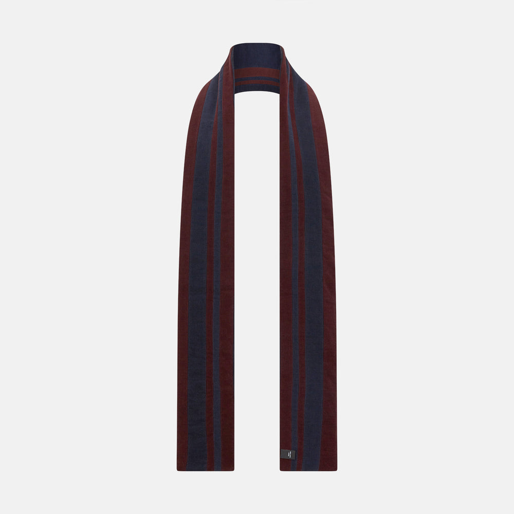 A Turnbull & Asser Navy and Burgundy Double-Stripe Double-Sided Corduroy Padded Scarf with vertical navy and burgundy stripes for exceptional warmth.