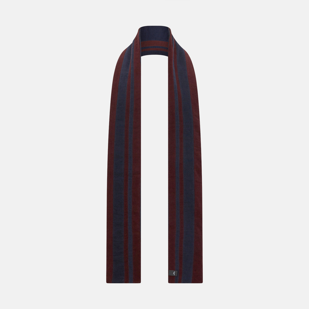 View 3 of product A Turnbull & Asser Navy and Burgundy Double-Stripe Double-Sided Corduroy Padded Scarf with vertical navy and burgundy stripes for exceptional warmth.