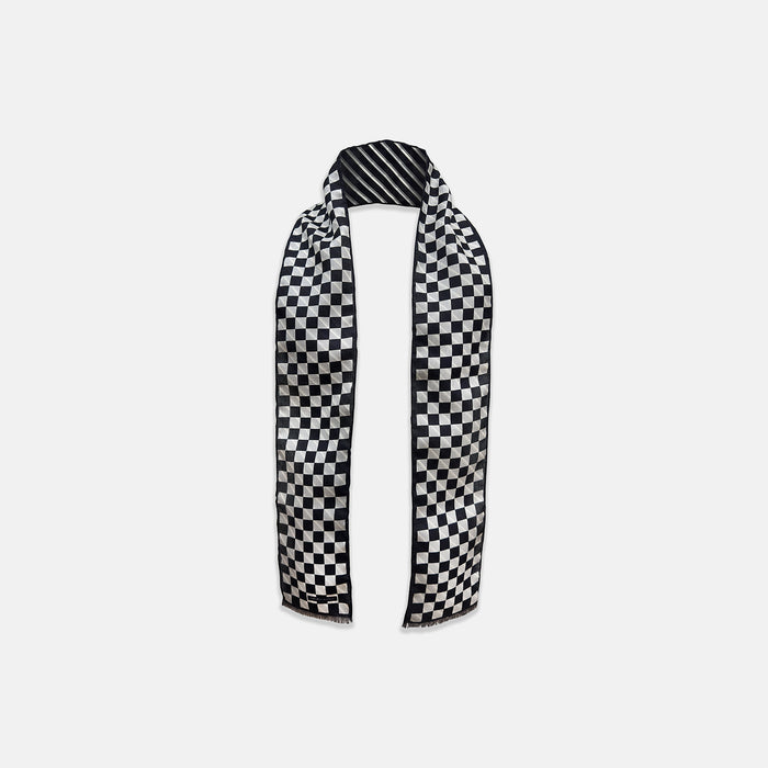 SILK SCARF DOUBLESIDE CHEQUERED NVY WITH NVY/WHT