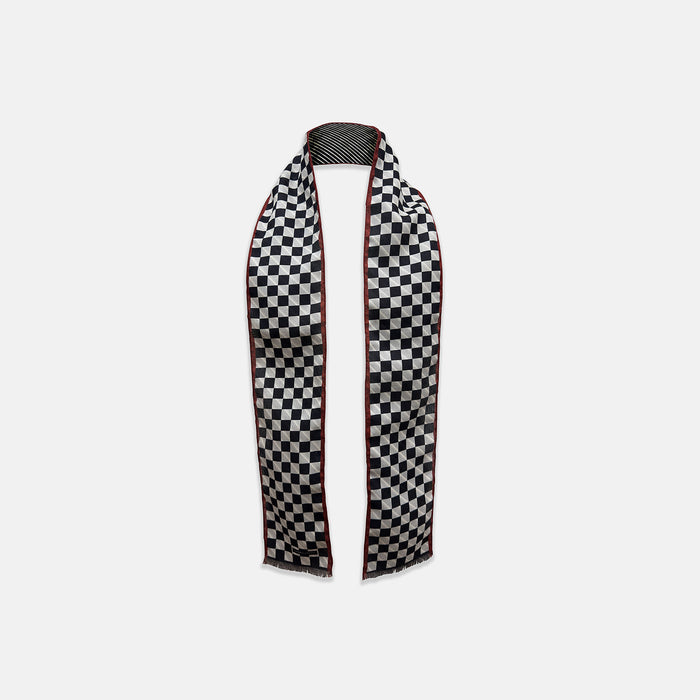SILK SCARF DOUBLESIDE CHEQUERED RED WITH NVY/WHT