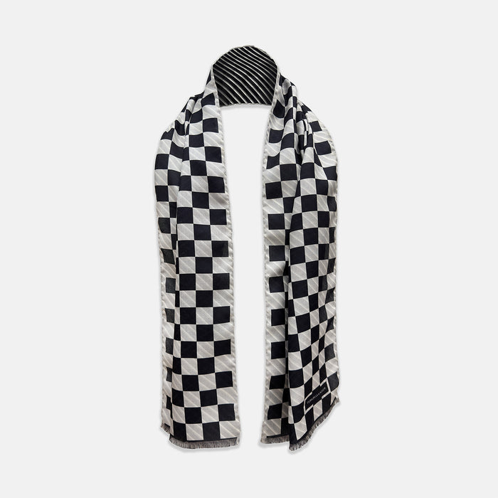 SILK SCARF CHEQUERED THIN STRIPE  WHT WITH NVY/WHT Image 5