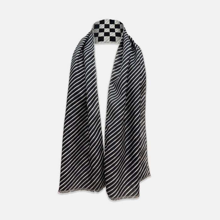 SILK SCARF CHEQUERED THIN STRIPE  WHT WITH NVY/WHT Image 1