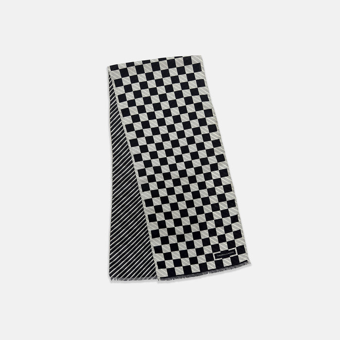 SILK SCARF CHEQUERED THIN STRIPE  WHT WITH NVY/WHT Image 4