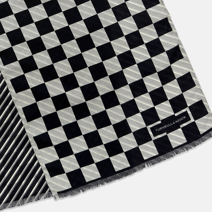 SILK SCARF CHEQUERED THIN STRIPE  WHT WITH NVY/WHT Image 2