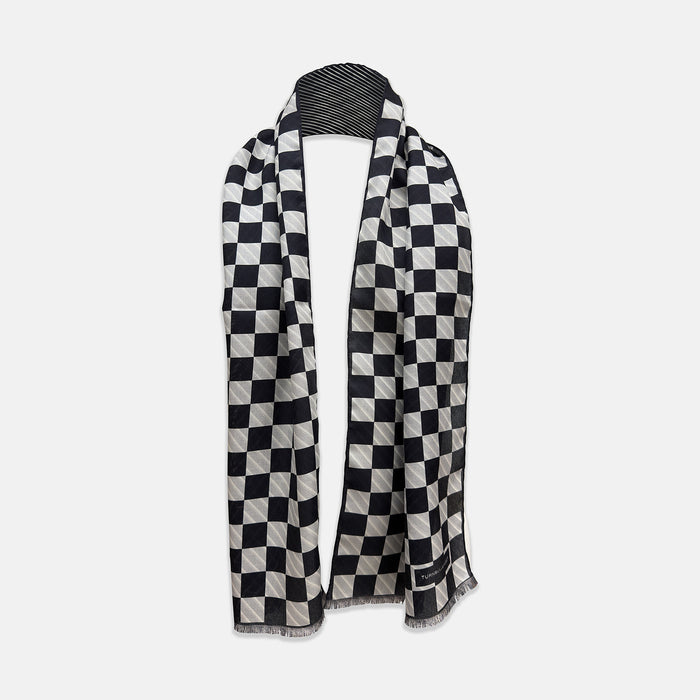 SILK SCARF CHEQUERED THIN STRIPE  NVY WITH NVY/WHT