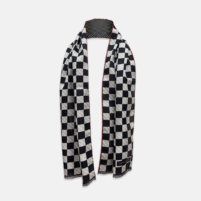 SILK SCARF CHEQUERED THIN STRIPE  RED WITH NVY/WHT